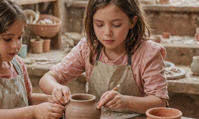 Children learning pottery in art class